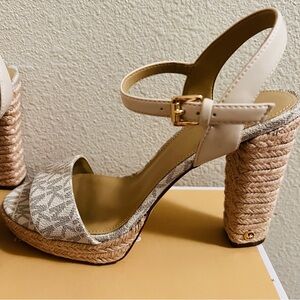 Michael Kors Beige and Tan Heeled Sandals with gold logo MK